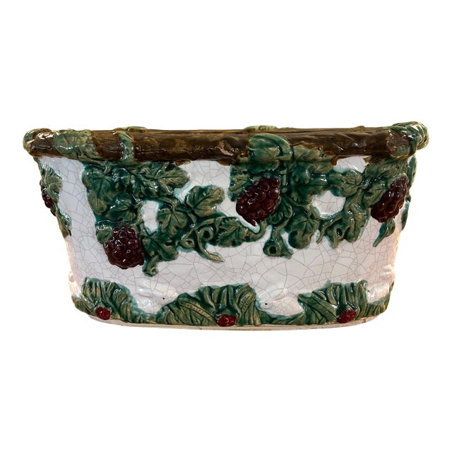 Vintage Extra Large French Barbotine Style Majolica Jardinere With Crackle Finish For Sale