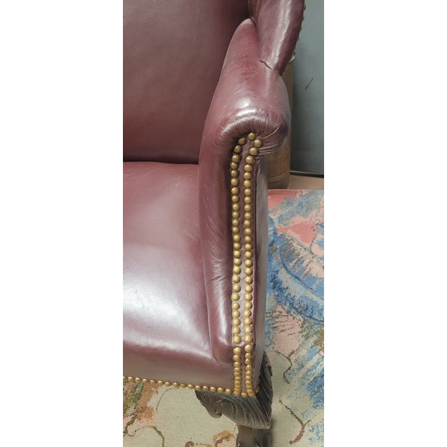 Antique Chippendale Leather Wing Chair For Sale - Image 9 of 13