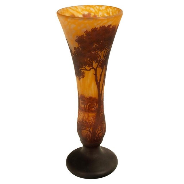 Glass Large Antique French Art Nouveau Daum Nancy Cameo Tree Landscape Glass Vase 1900 For Sale - Image 7 of 18