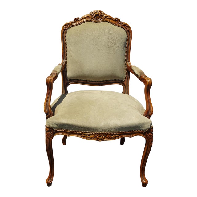 Vintage French Provincial Country Ornate Sage Green Suede Accent Chair