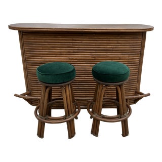 Rattan Dry Bar Set With Velvet Stools From 1960s - 3 Pieces For Sale