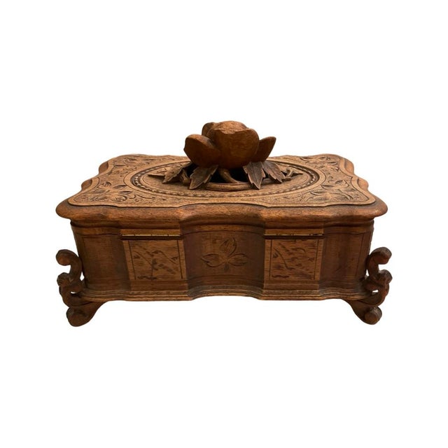 Early 20th Century Carved Footed Wood Box With Rose For Sale - Image 4 of 8