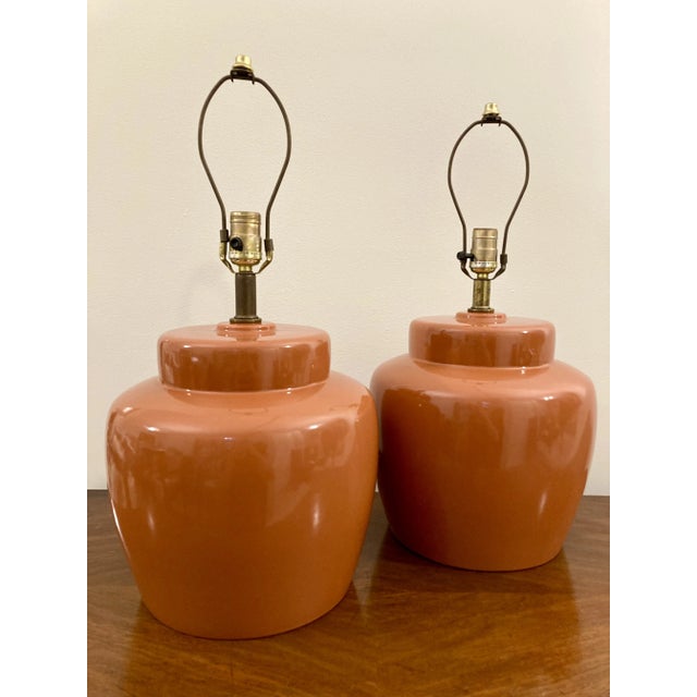Pair of larger scale midcentury glossy ginger jar lamps by Haeger. (Full-sized end table lamps, bigger than they appear in...
