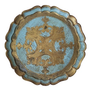 1940s Italian Florentine Turquoise & Gold Gilt Round Tray For Sale