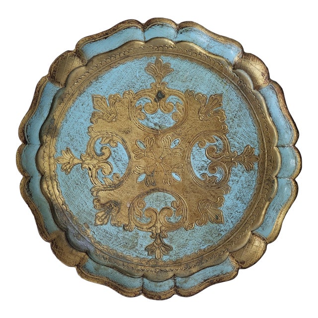 1940s Italian Florentine Turquoise & Gold Gilt Round Tray For Sale