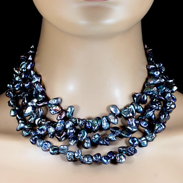 Ajd Elegant Peacock Keshi Pearl Three Strand Necklace For Sale - Image 4 of 6