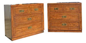 Vintage Pair Set Campaign Dressers With Brass Hardware in Henredon Style by Dixie