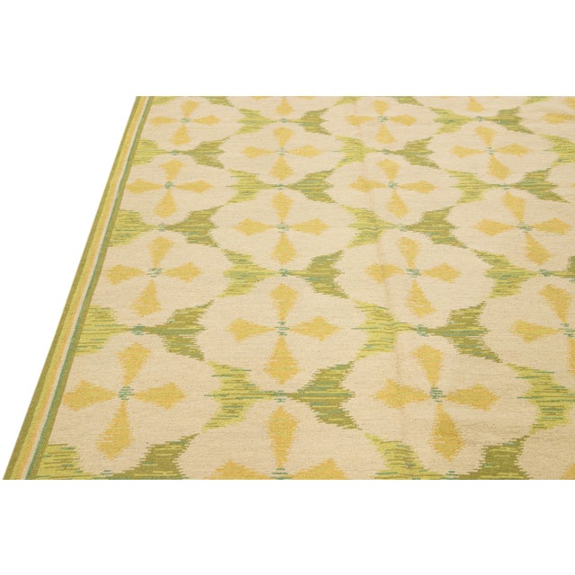 Vintage Portuguese Arraiolos Needlepoint Allover Pattern Green Wool Rug For Sale - Image 4 of 10