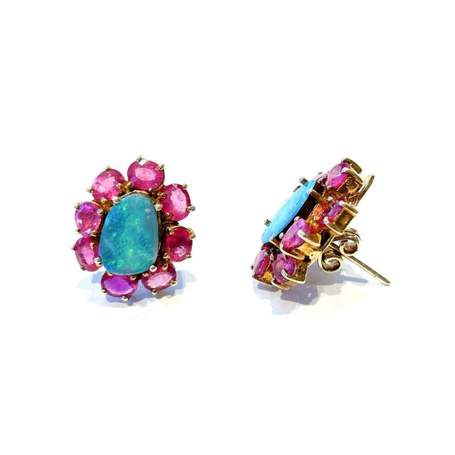 Baroque Bochic “Capri” Vintage Opal & Multi Ruby Earrings Set In 18K Gold & Silver For Sale - Image 3 of 6