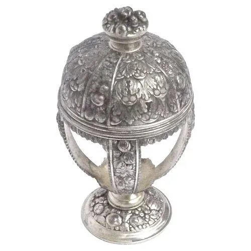 Antique silver-plated floral, fruit, and acanthus leaf display jar with domed lid and fruit base. Marked "Made In Japan,...