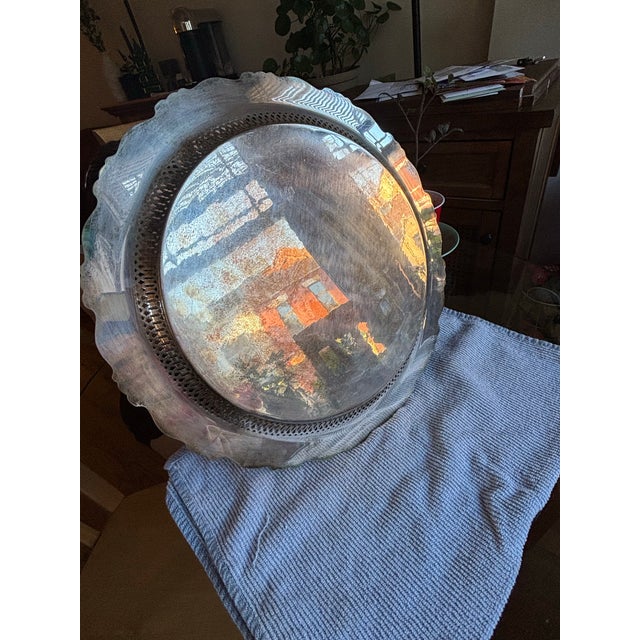 Hollywood Regency Ornate Vintage 15” Round Oneida Silver-Plated Gallery Tray - Made in Usa For Sale - Image 3 of 7