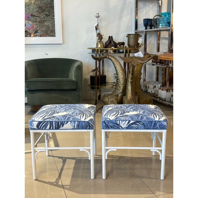 Vintage Pair Faux Bamboo Metal Benches Ottomans Stools Blue & White Palms For Sale - Image 9 of 12