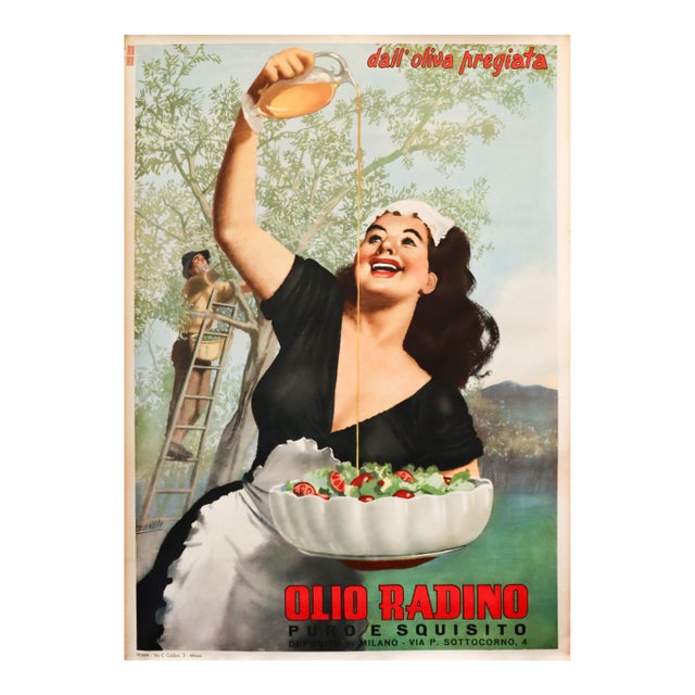 1950 Original Oversize Italian Advertising Poster - Olio Radino (Olive Oil) - Boccasile For Sale