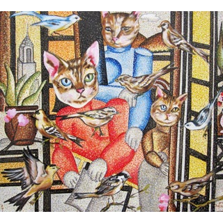 Family Unit by Louis Recchia | Oil on Canvas Painting of cats and birds in a domestic setting For Sale