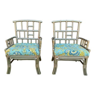 Vintage Hollywood Regency Chinoiserie Celadon Green Bamboo Arm Chairs - A Pair For Sale