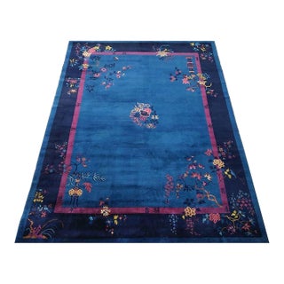 1920s Blue Field Traditional Floral Antique Chinese Art Deco Knotted Wool Rug For Sale