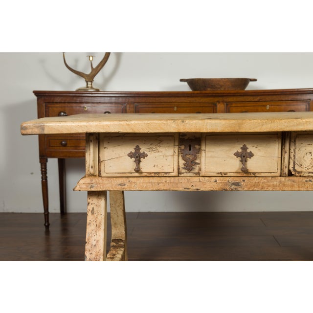 Wood Spanish Baroque Style Bleached Walnut Trestle Base Farm Table, circa 1820 For Sale - Image 7 of 12