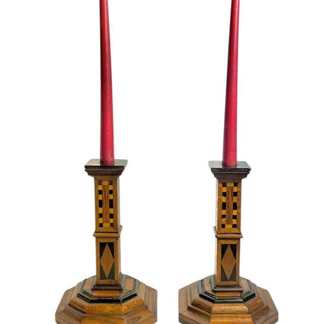 Pair Antique Italian Marquetry Inlaid Wood Candlestick Holders With Octagonal Base For Sale - Image 16 of 18