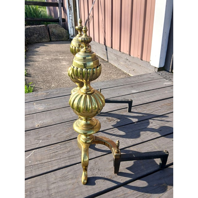 Vintage Ornate Cast Brass Fireplace Andirons 1950s For Sale In Cleveland - Image 6 of 18