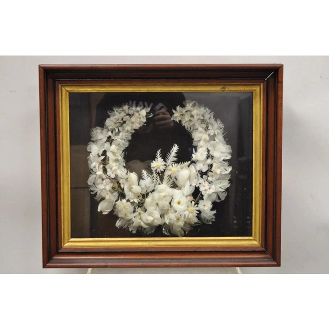 Antique Victorian White Feather Flower Mourning Wreath Mahogany Shadow Box Frame. Item features ornate white feather...