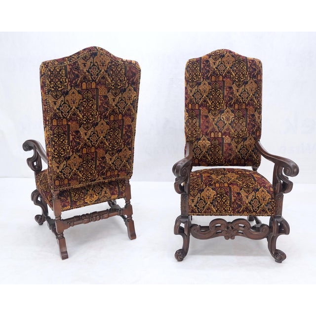 Drexel Gothic Oversized Heavily Carved Walnut Arm Chairs Tall Back Thrones - A Pair For Sale - Image 4 of 12