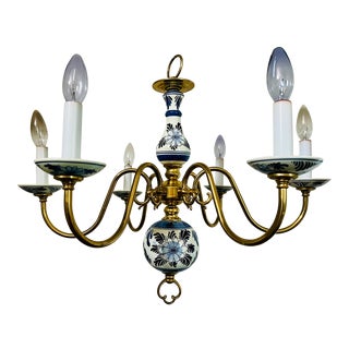Vintage 6 Light Blue & White Delft Porcelain and Brass Chandelier For Sale