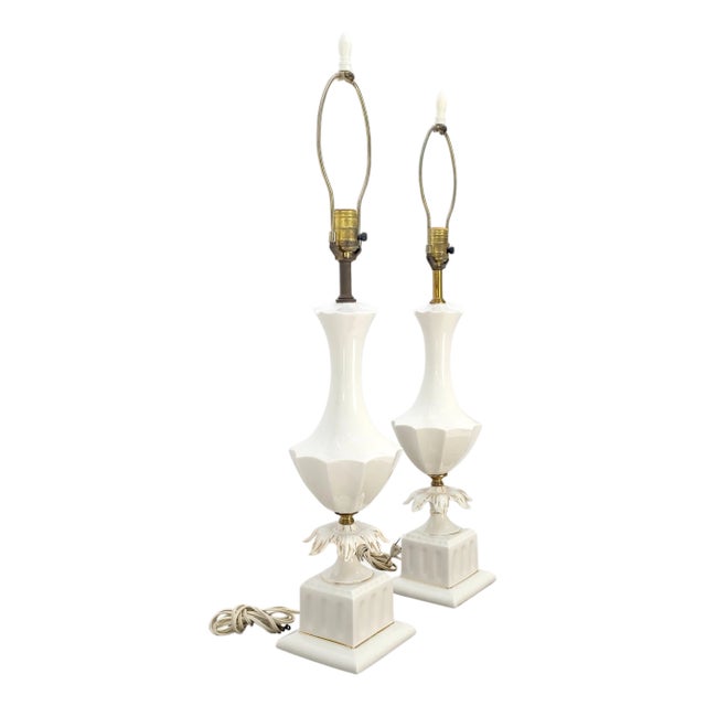 Pair of Off White Ceramic c1960s Lotus & Vase Style Table Lamps For Sale