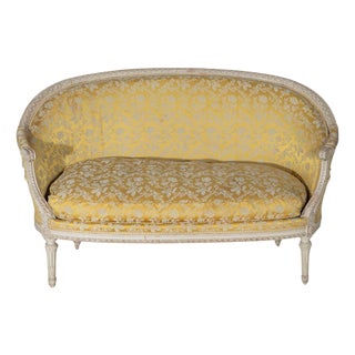 French Louis XVI Style Painted Canapé with Yellow Damask Upholstery, 20th Cent For Sale