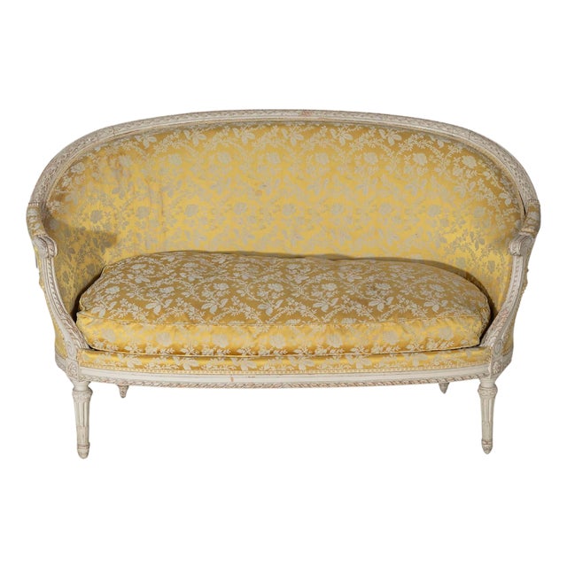 French Louis XVI Style Painted Canapé with Yellow Damask Upholstery, 20th Cent For Sale