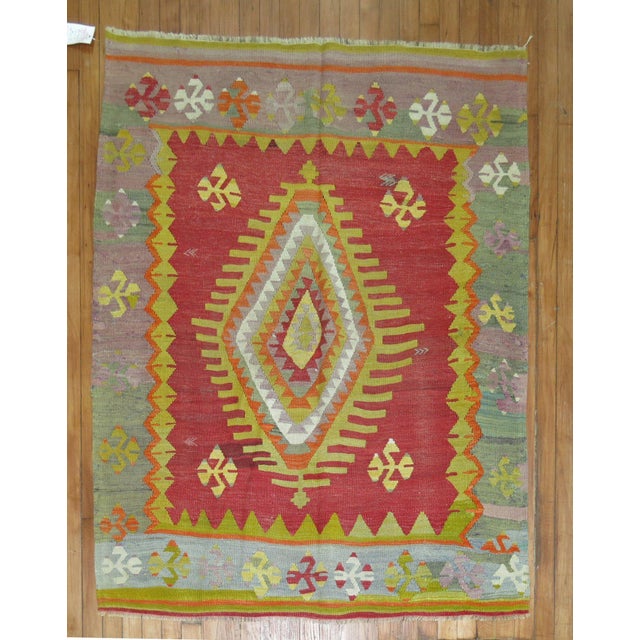 Mid 20th Century Turkish Kilim 20th Century Flat-Weave Colorful Rug - 4'2" x 5' For Sale - Image 5 of 5