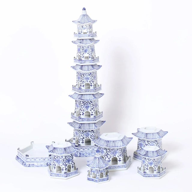 Ceramic Pair of Blue and White Porcelain Pagoda Towers For Sale - Image 7 of 8