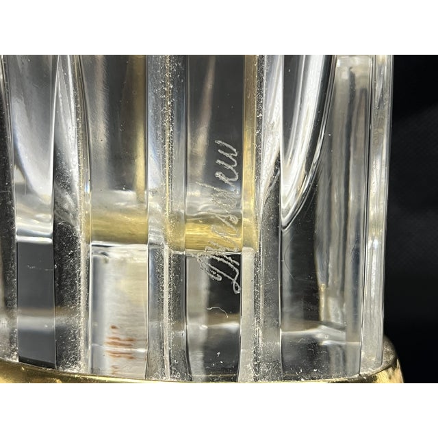 1960s Mid 20th Century Signed Dresden Cut Crystal & Brass Cylinder Table Lamp - With Shade For Sale - Image 5 of 6