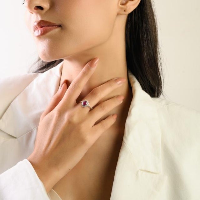 VRJewels Ruby & Baguette Diamond Halo Promise Ring Size 5 in 14k Gold For Sale - Image 4 of 14