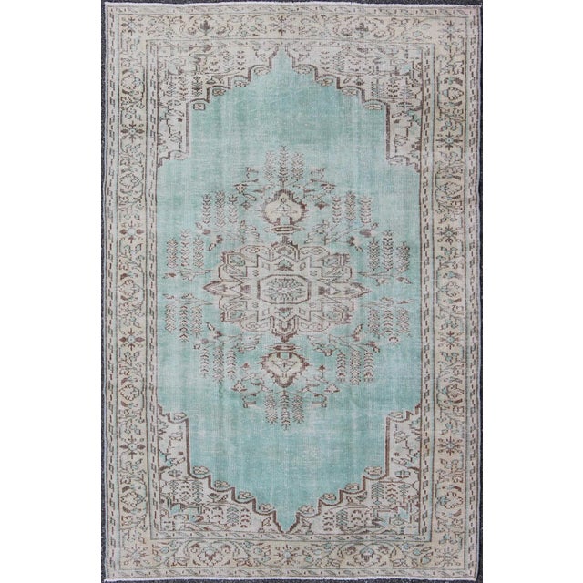 Aqua Vintage Oushak Rug With Aqua Color Background and Brown Highlights For Sale - Image 8 of 8