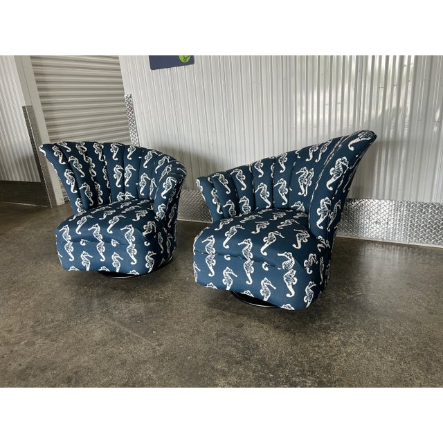 1970s Beach House Seahorse Fabric Covered Fan Back Lounge Chairs - a Pair For Sale In Miami - Image 6 of 10