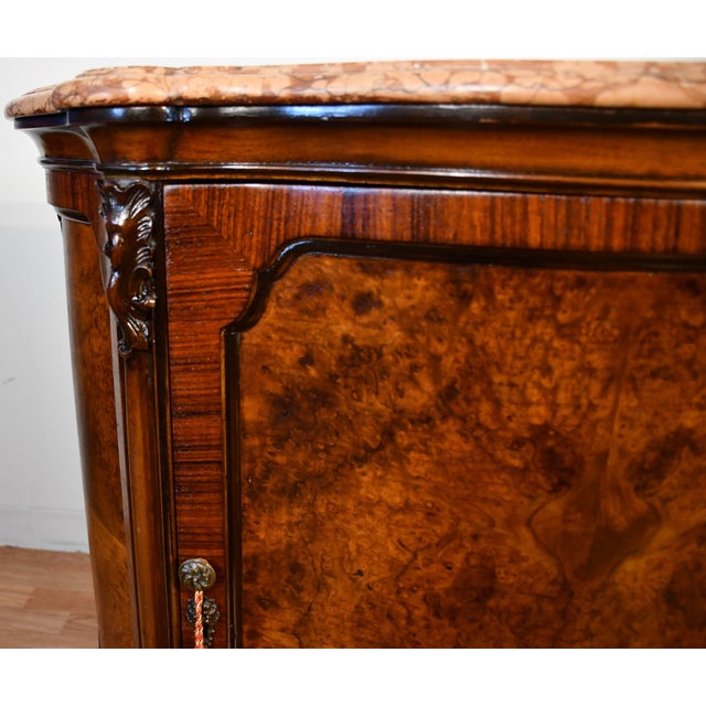 Wood 1890s Antique French Louis XV Burl Walnut Marble Top Pair of Cabinets Credenzas For Sale - Image 7 of 18