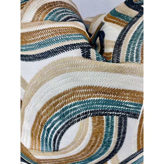 Custom pair of 22" pillows covered in Camengo "Alize" in navy embroidered fabric and backed in a coordinating navy velvet...