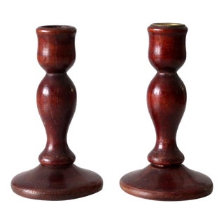 Vintage Wooden Candle Holders Pair For Sale