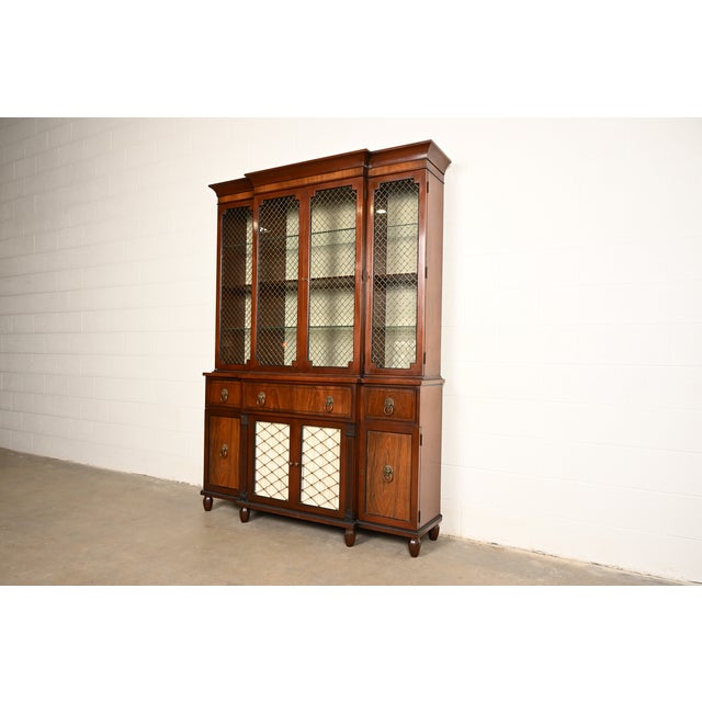English Kittinger English Regency Carved Mahogany and Rosewood Breakfront Bookcase Cabinet, Circa 1960s For Sale - Image 3 of 17