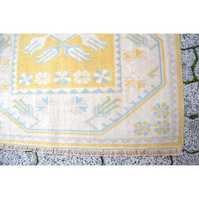 1960s Floral Design Beige-Yellow Handmade Runner Rug For Sale - Image 9 of 11