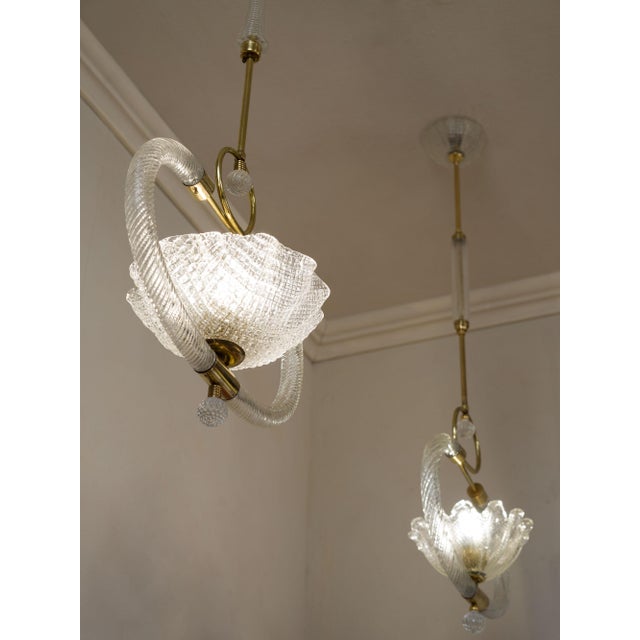 1930s Murano Blown Glass and Brass Pendant Lights by Ercole Barovier for Barovier & Toso, 1930s, Set of 2 For Sale - Image 5 of 16