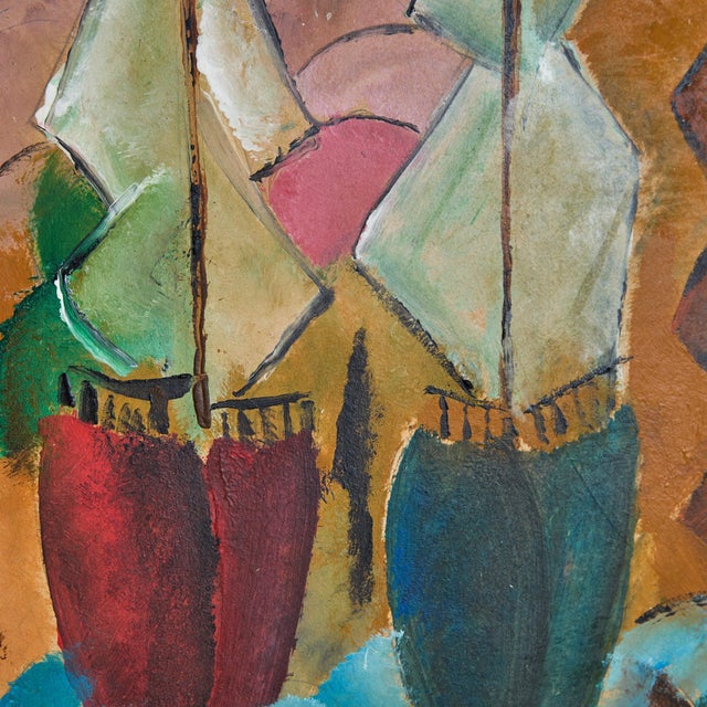 1970s French Oil on Board Cubist Seascape Painting by Patrick Leroy, 1970s For Sale - Image 5 of 11