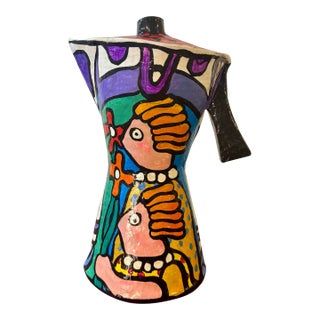 Vintage Folk Art Hand Painted Paper Mache Espresso Pot Sculpture For Sale
