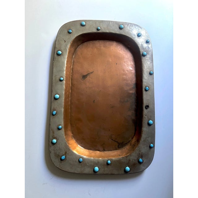 Copper Rustic Mexican Tray in Copper and Metal with Blue Bead Details For Sale - Image 8 of 9