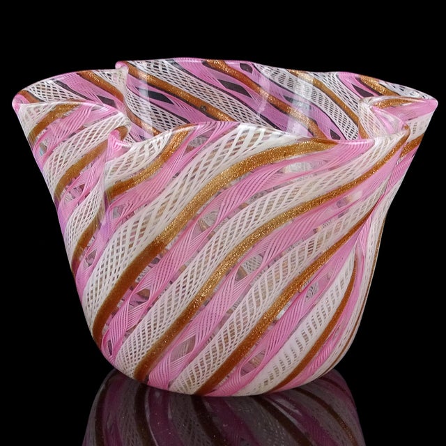 Beautiful vintage Murano hand blown pink and white twisting ribbons Italian art glass fazzoletto / handkerchief vase. The...