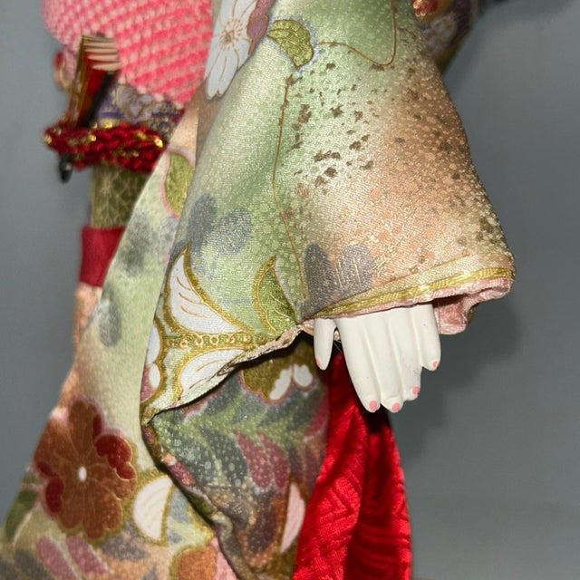 Mid 20th Century Traditional Japanese Ichimatsu Ningyo Doll Standing Ornate Floral Kimono 18.5”h For Sale - Image 4 of 12