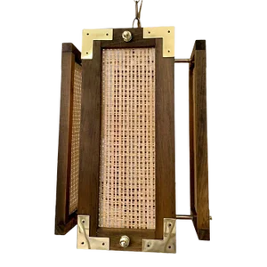 Vintage MCM 1960s Modernist Nautical Style Brass and Wood With Cane Pendant Ceiling Light in the Style of Fredrick Ramond
