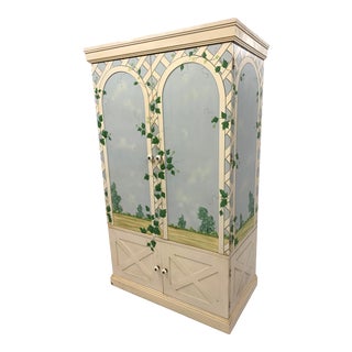 1990s Hand Painted Lattice Detail Armoire Cabinet For Sale