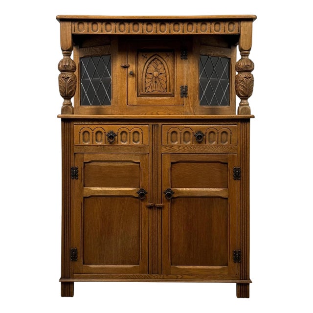 Antique English Golden Oak Court Cabinet, 1900s For Sale