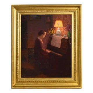 Henri-Charles Angéniol, Young Woman Playing the Piano, Oil on Canvas, 20th Century, Framed For Sale